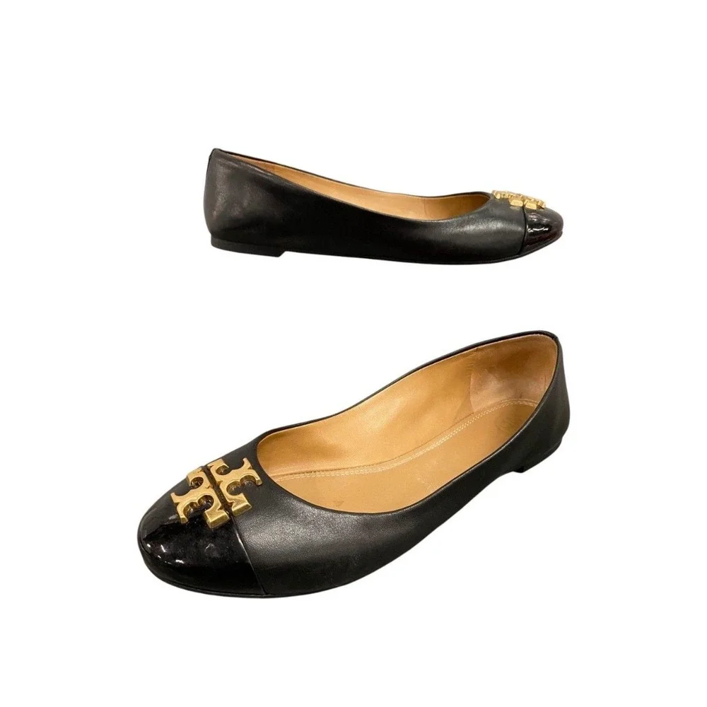 Tory Burch Claire Ballet Flats Women 8 Black Good Patent Cap Toe Logo